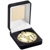 BLACK VELVET MEDAL BOX AND 50mm MEDAL NETBALL TROPHY GOLD - 3.5in